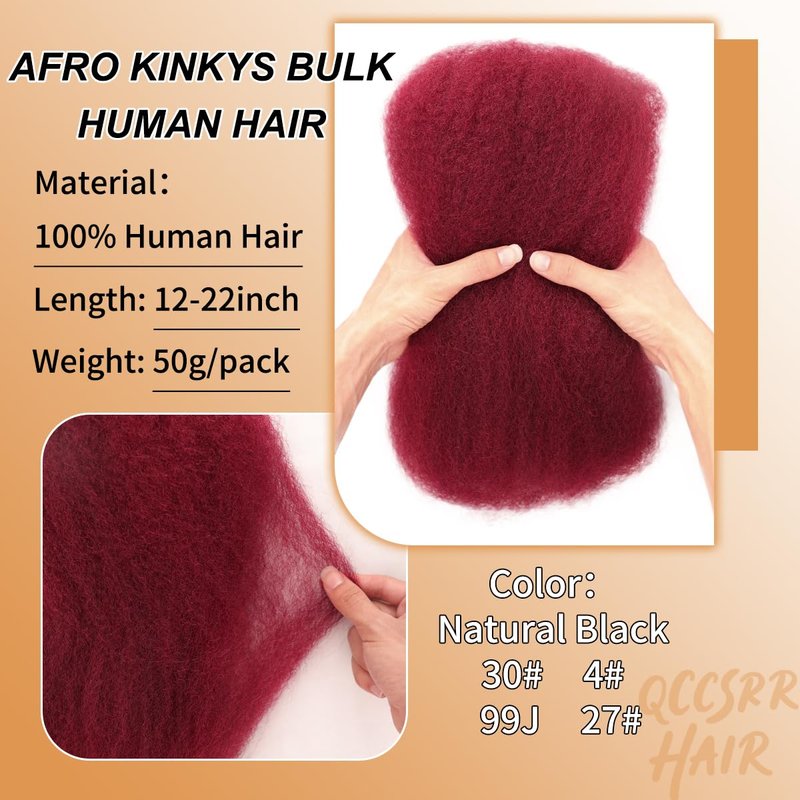Afro Kinkys Bulk Human Hair 12 Inch 50g/Pack - Afro Kinky-Curly Human Hair Bulk For Mini Twist, Dreadlocks Extensions, Locs Repair & Braiding, 100% Human Hair 99J Burgundy