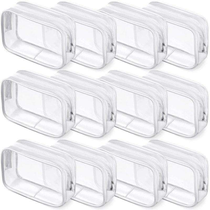 Clear Makeup Bags - 12-Piece PVC Zipper Pouches for Travel | Waterproof Cosmetic Storage Cases (Medium, White)