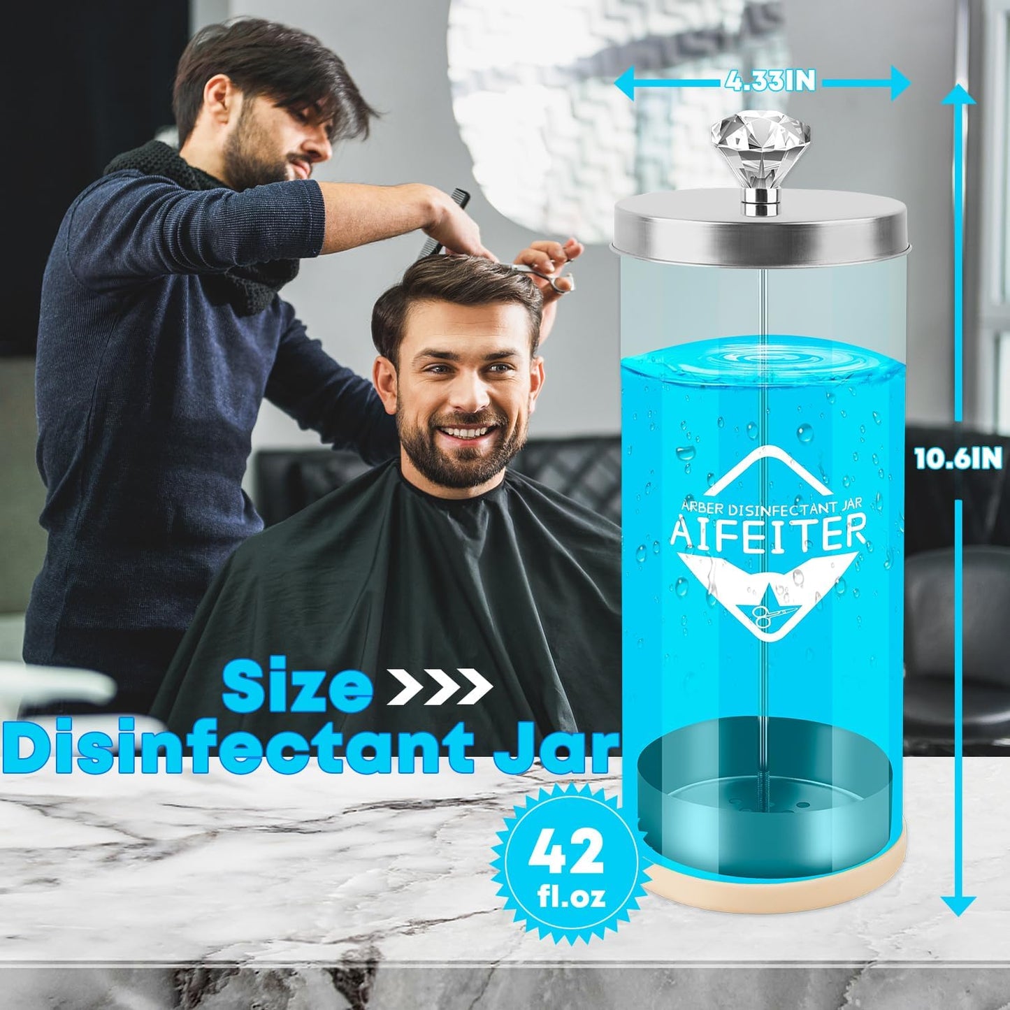 Barber Disinfectant Jar - 42 Oz Sterilizing Jar with Stainless Steel Tray & Removable Basket | Essential Salon Tool