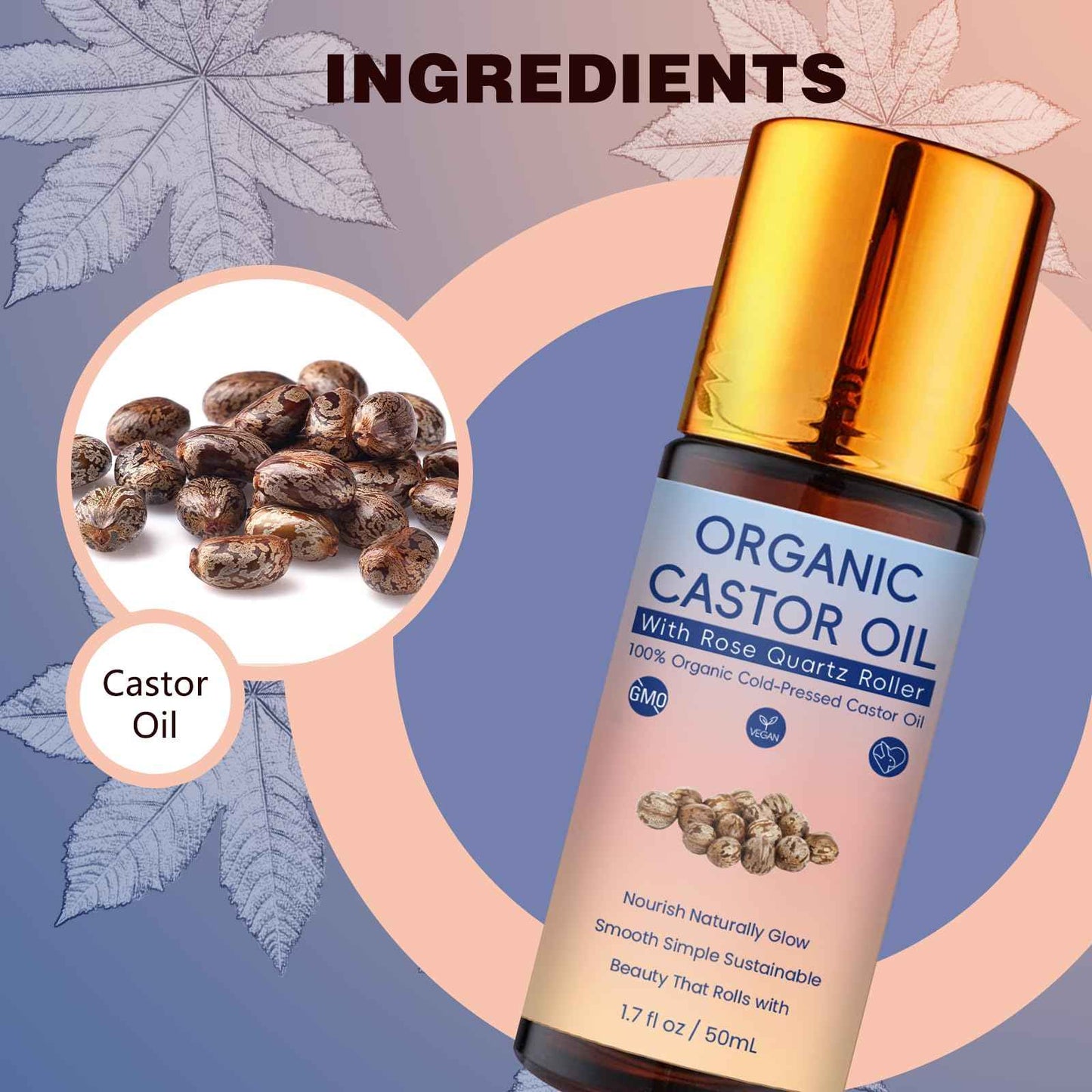 LkknQget Organic Castor Oil with Rose Quartz Roller,100% Pure Cold-Pressed Organic Castor Oil Roller Ball,Face & Skin Moisturizing, Reducing Dark Circles,Nail and Cuticle (1PCS, 1)