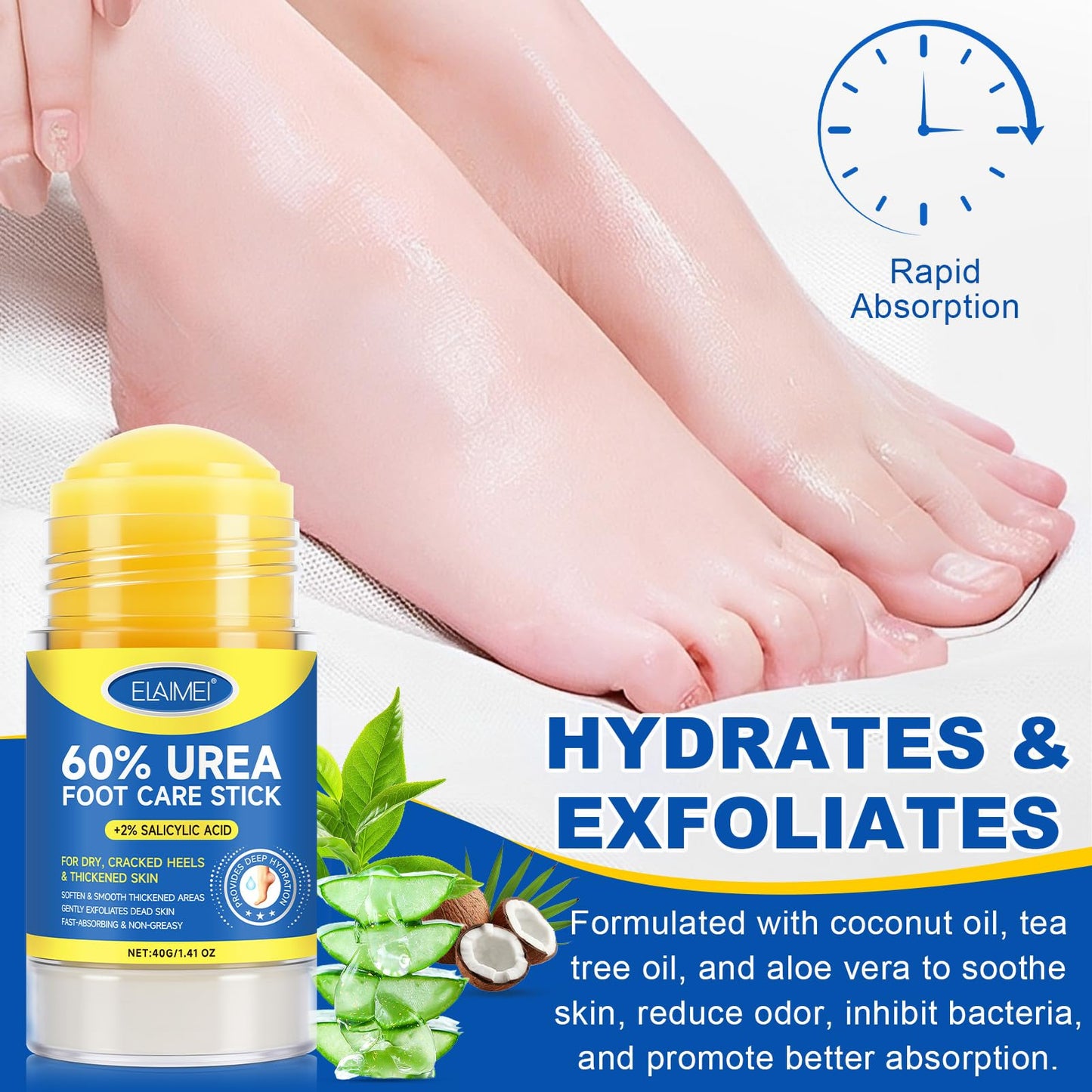 APUUFYQC Urea Cream Stick 60% plus 2% Salicylic Acid, Foot Cream Moisturizer for Dry Cracked Feet, Knees, Elbows, Hands, Moisturizes and Hydrates the Dry Skin, Skin Softener, 1.41 Oz ﻿