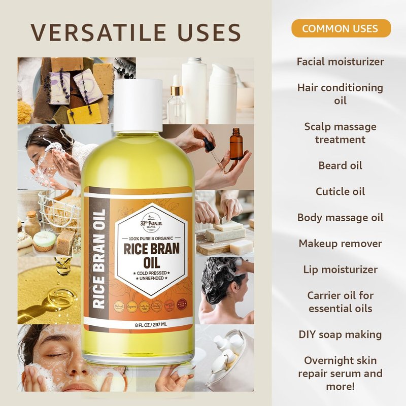 ORGANIC RICE BRAN OIL (32 oz) Premium Cold Pressed Unrefined | 100% Pure Rice Bran Oil for Skin, Face, Hair, Soap Making | Carrier for Essential Oils | Available in Bulk | 32 FL OZ