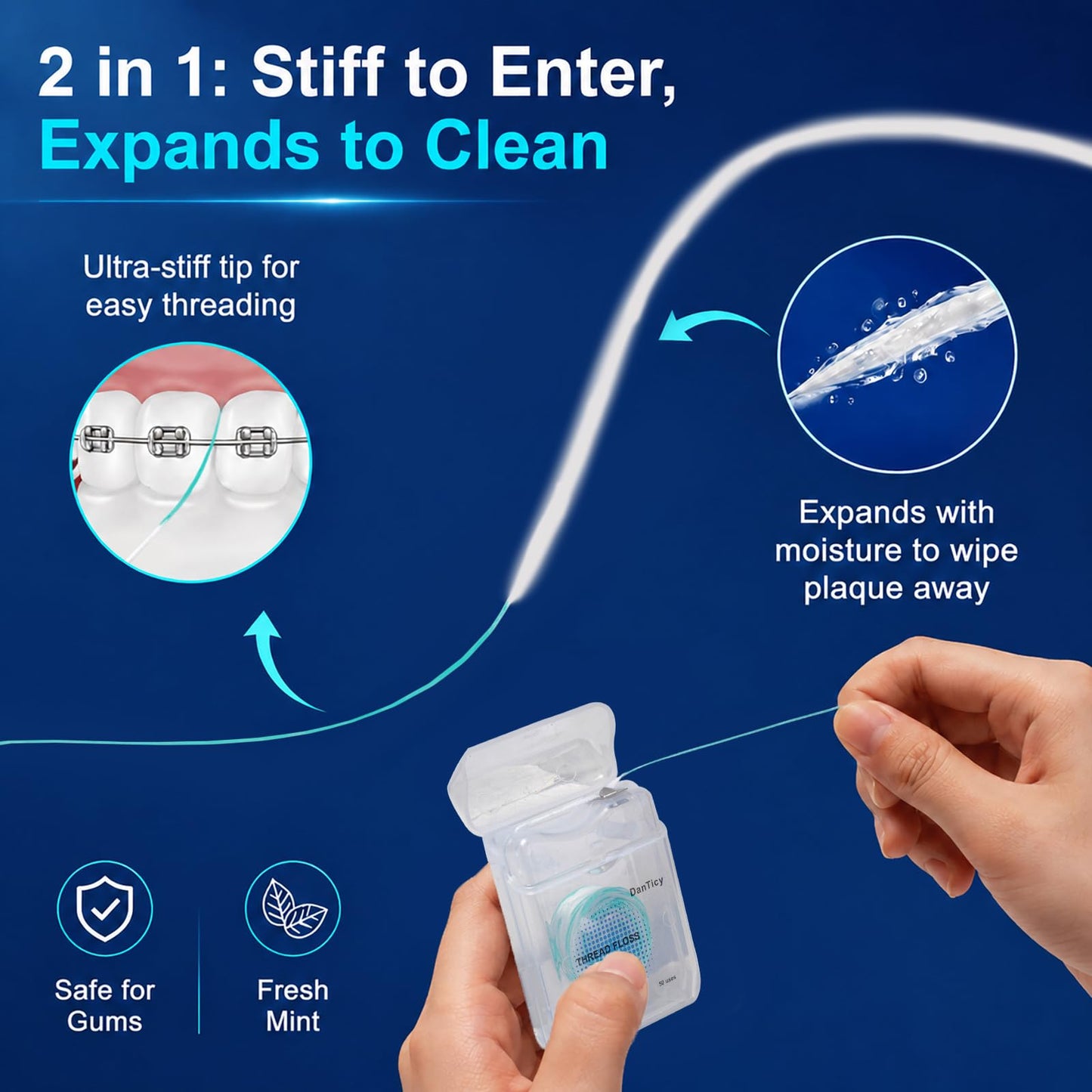2-in-1 Threader Floss for Braces & Bridges, 100 Pre-Measured Expanding Strands, Stiffened Tip & Fluffy Tail Dental Floss for Deep Cleaning