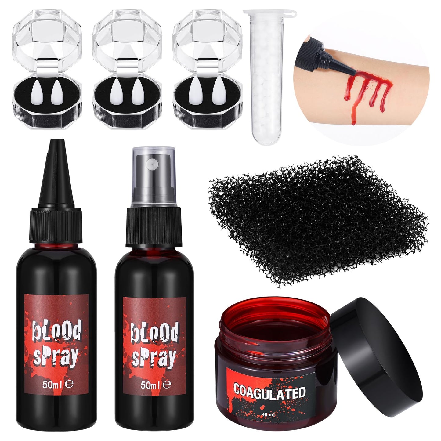 7 PCS Halloween Fake Blood Makeup Kit 3 Size Vampire Teeth Fangs Fresh Red Fake Blood Spray Realistic Coagulated Blood for Party Monster Zombie Cosplay