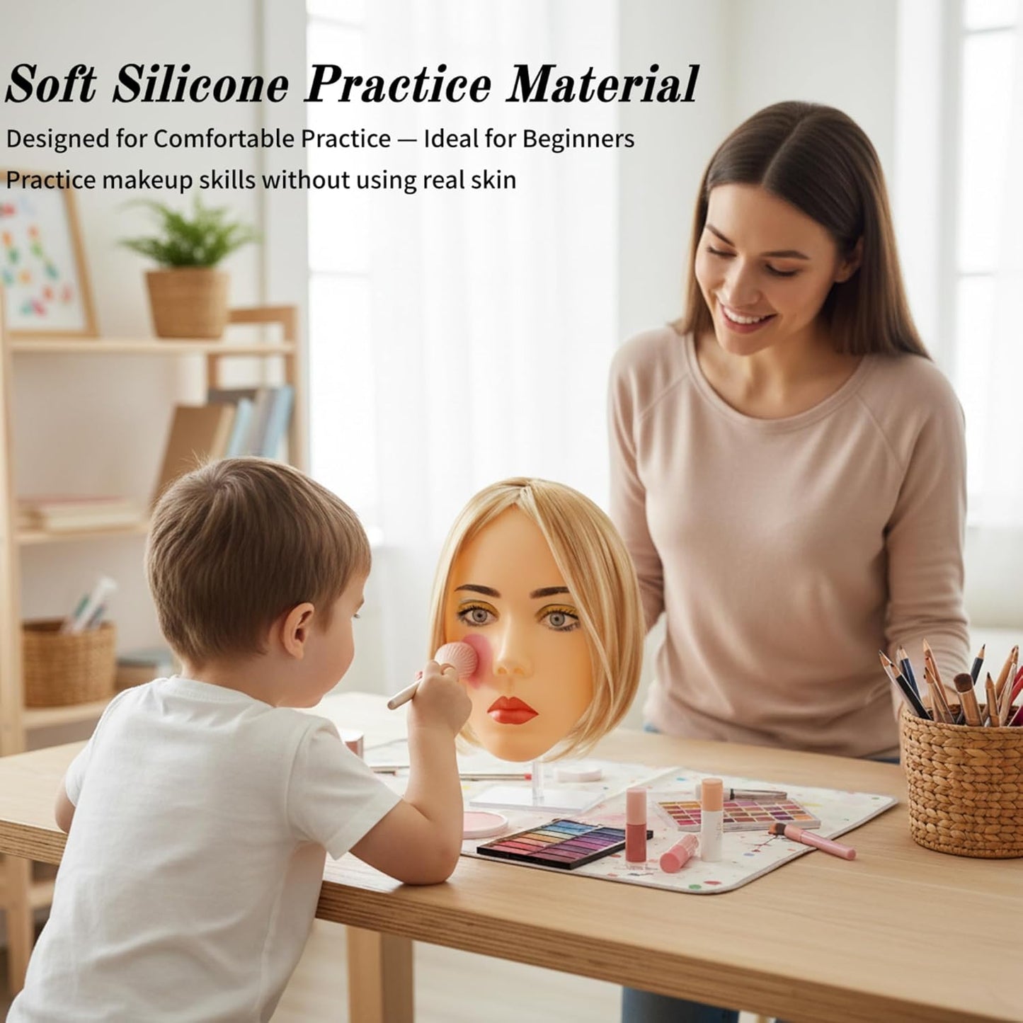 Silicone Makeup Practice Face - Realistic Reusable Mannequin Head with Full Kit, Wigs & Lashes for Beginners | Ideal for Kids & Beauty Students