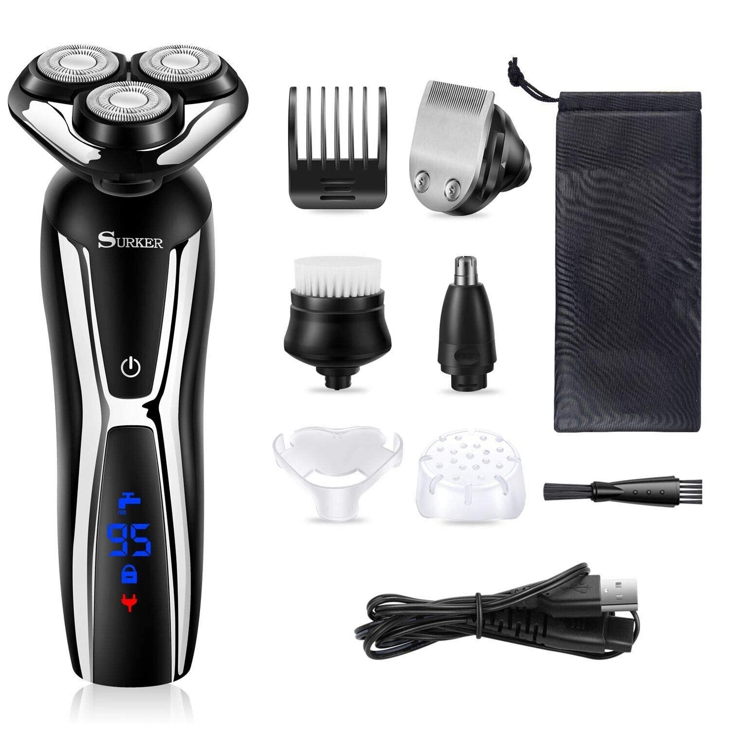 SURKER Electric Shaver - Cordless 3-in-1 Beard Trimmer & Nose Hair Groomer | Waterproof USB Rechargeable