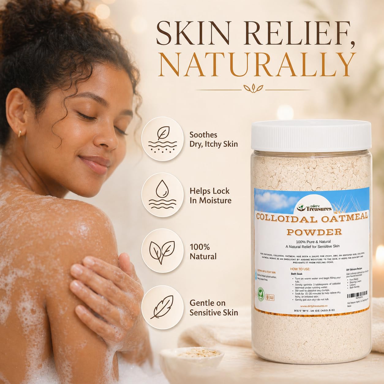 Dirty Treasures Colloidal Oatmeal Bath | Eczema & Itchy Skin Relief | Baby-Safe, 100% Natural, Fragrance-Free | 1 lb (16oz)
