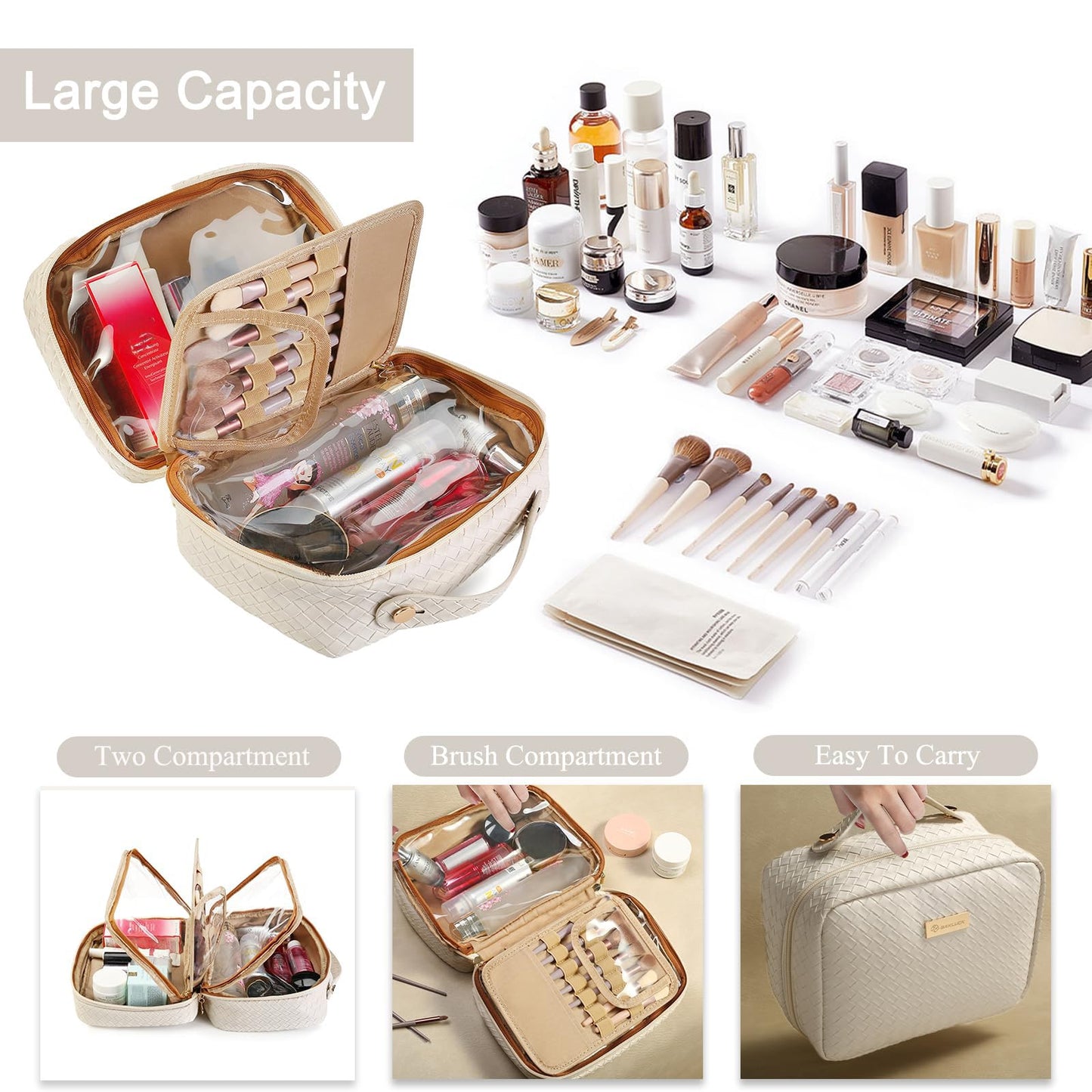 BAKLUCK Travel Makeup Bag Large Capacity Cosmetic Bags with Clear Double Sided, Checkered Makeup Bag with Makeup Brush Compartments, PU Waterproof Leather Makeup Organizer Bag for Women, Beige