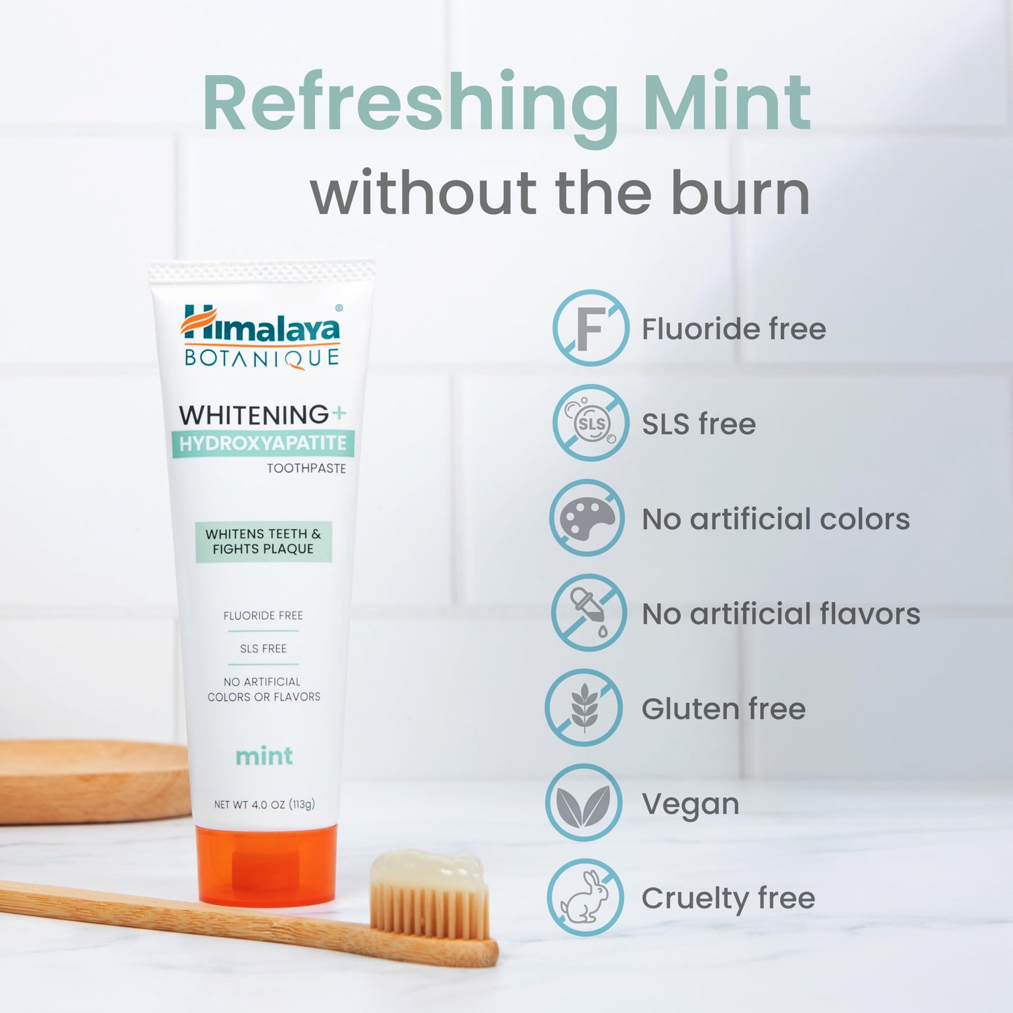Himalaya Fluoride Free Botanique Whitening Nano Hydroxyapatite Toothpaste, Support Enamel Strength & Integrity, Great for Sensitive Teeth, SLS Free & Vegan, Mint, 4 oz (Pack of 4)