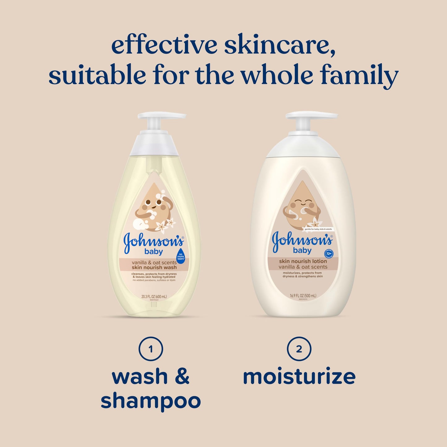 Johnson's Skin Nourishing Moisture Baby Wash, Vanilla & Oat Scents, Tear-Free, Hypoallergenic Baby Body Wash Cleanses, Protects from Dryness, & Leaves Skin Feeling Hydrated, 20.3 fl. oz