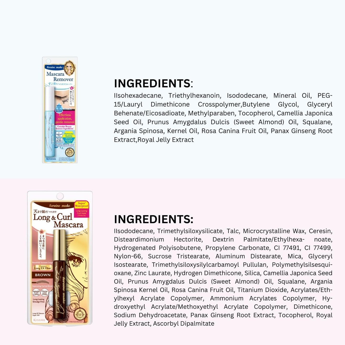 Heroine Make by KissMe Long & Curl Mascara + Eye Makeup Remover | Waterproof & Gentle Makeup Remover Liquid | Brown Mascara with Volumizing, Curling Formula | Japanese Makeup