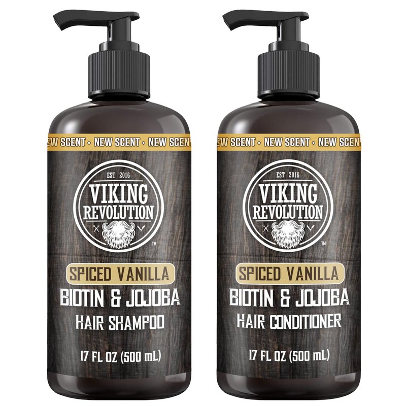 Viking Revolution Spiced Vanilla Men's Shampoo & Conditioner Set | Biotin & Jojoba Oil for Thinning Hair (17 Oz)