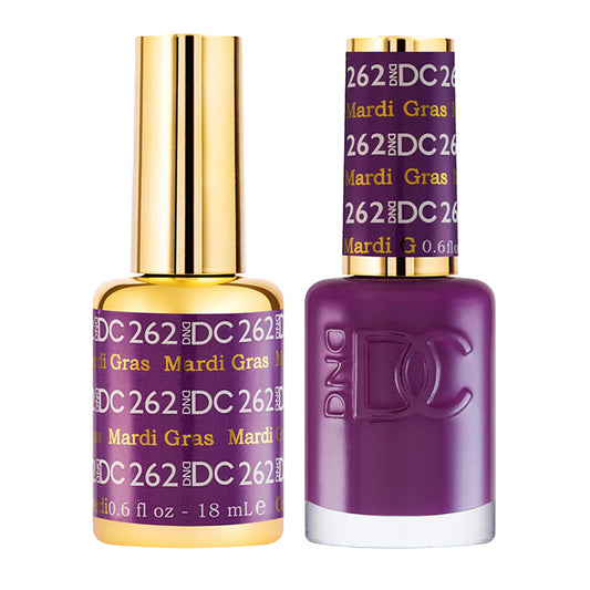 DND DC Gel Polish Set, Purple Collection, UV/LED Gel Polish and Air Dry Nail Lacquer, Matching Chip-Free Polish Duo, 262 Mardi Gras, 0.5 Fl Oz