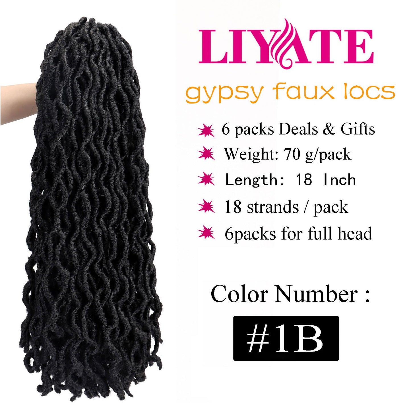 18 Inch Goddess Faux locs Crochet Hair 6 Packs/Lot Soft Gypsy Locs Wavy Crochet Braids Dreadlocks Curly Wavy Twist Braiding Hair Extensions African Roots Braid（1B)
