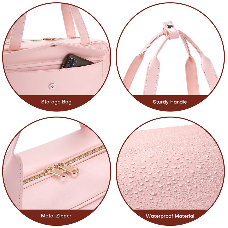 wskvoker Hanging Travel Toiletry Bag for Men, Large Makeup Bag for Women, Water-resistant PU Leather Dopp Kit Shaving Bag For Full Sized Toiletries,Cosmetics Travel Organizer for Accessories (pink)