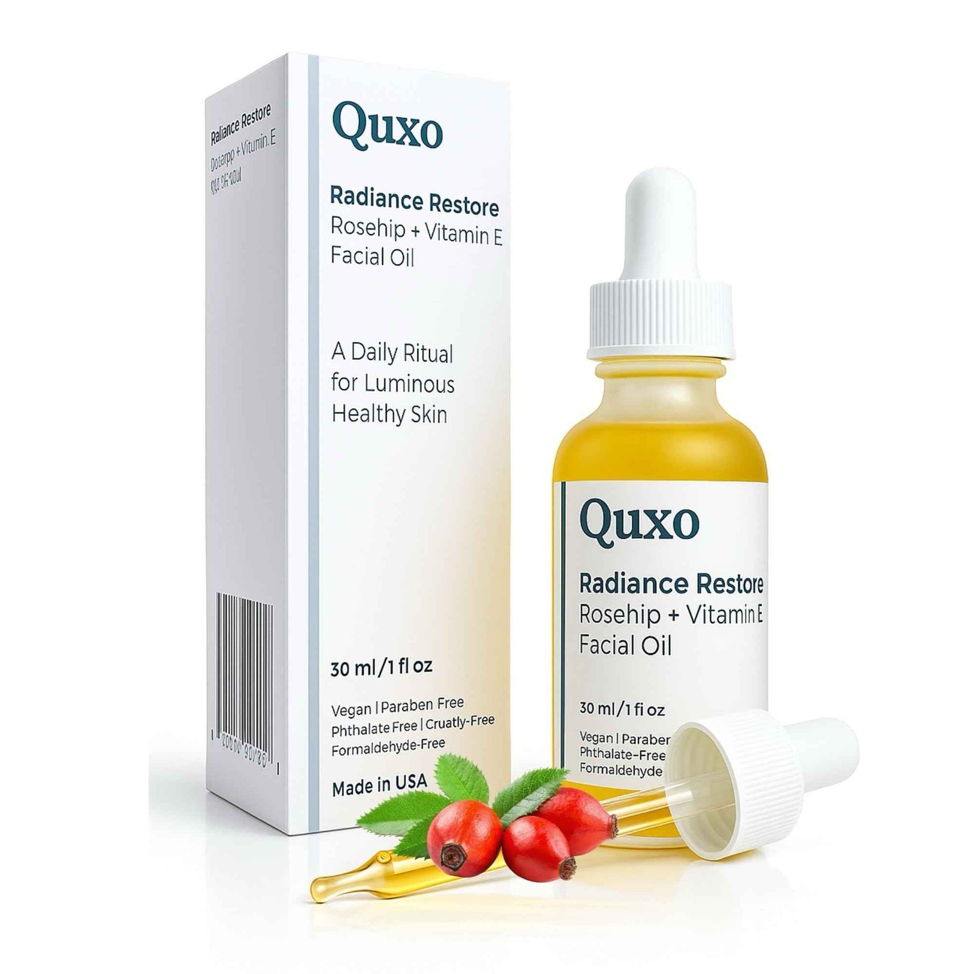 Quxo Radiance Restore Rosehip & Vitamin E Facial Oil for Face, Neck & Décolleté – Lightweight Nourishing Formula – Non-Greasy, Fast-Absorbing, Vegan, Fragrance-Free – 30ml