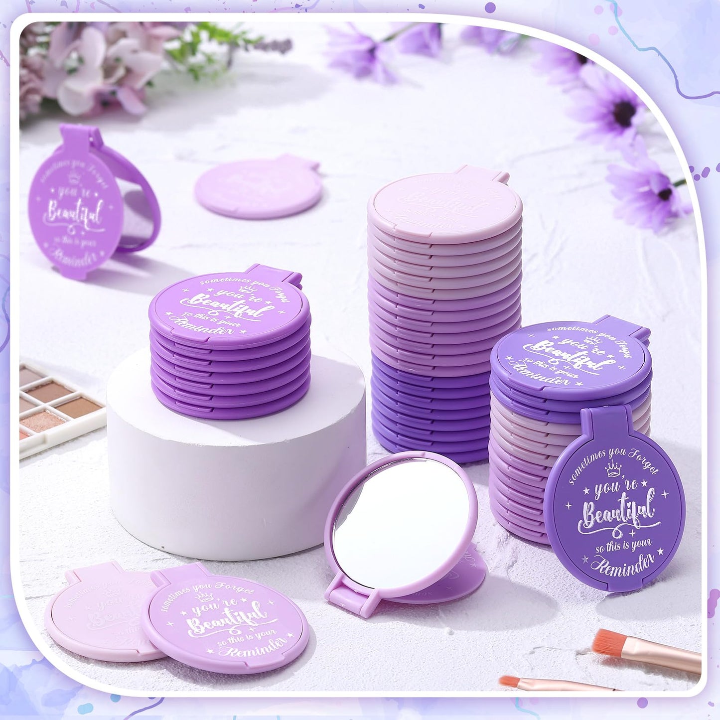Gulfmew 100 Pcs 2.76 Inch Inspirational Compact Mirror Bulk Women Small Gifts Graduation Mothers Day Party Favors Purse Mirror Pocket Mini Items for Adult Coworker Cheerleader Swag Bag (Purple Series)