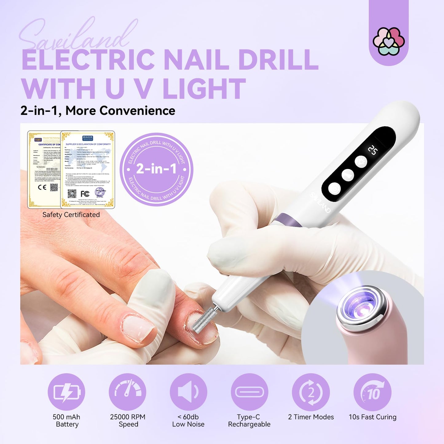 SAVILAND Cordless Nail Drill with U V Light: 25000 RPM Nail Drill Professional & U V Light for Removal & Solidification of Nails 2in1 for Home Nail Art Manicure Pedicure （White）