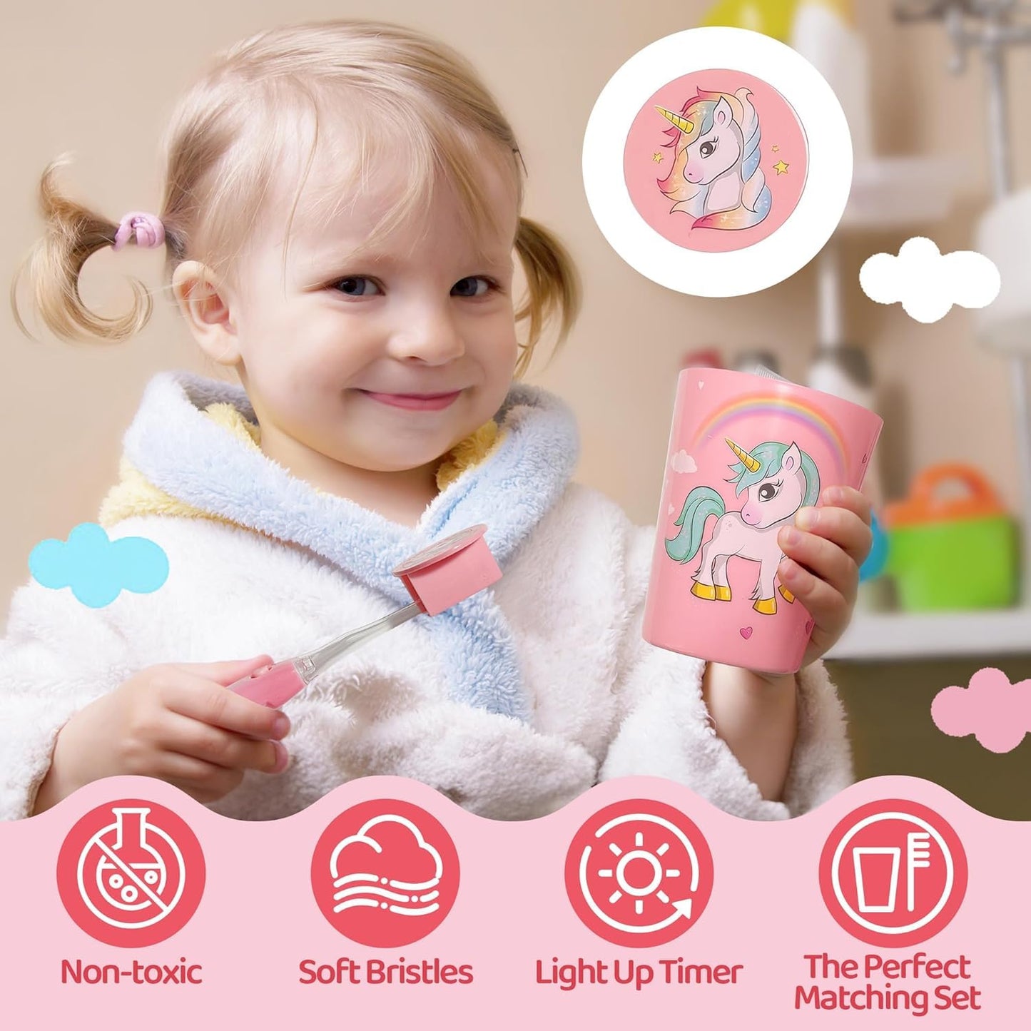Lily's Home Kids Flashing Timer Toothbrush with Soft Bristles, Rising Cup & Cover - Fun 2-Min Light-Up Brushing for Children - Toddler Toothbrush Kit (Unicorn) - Set of 2