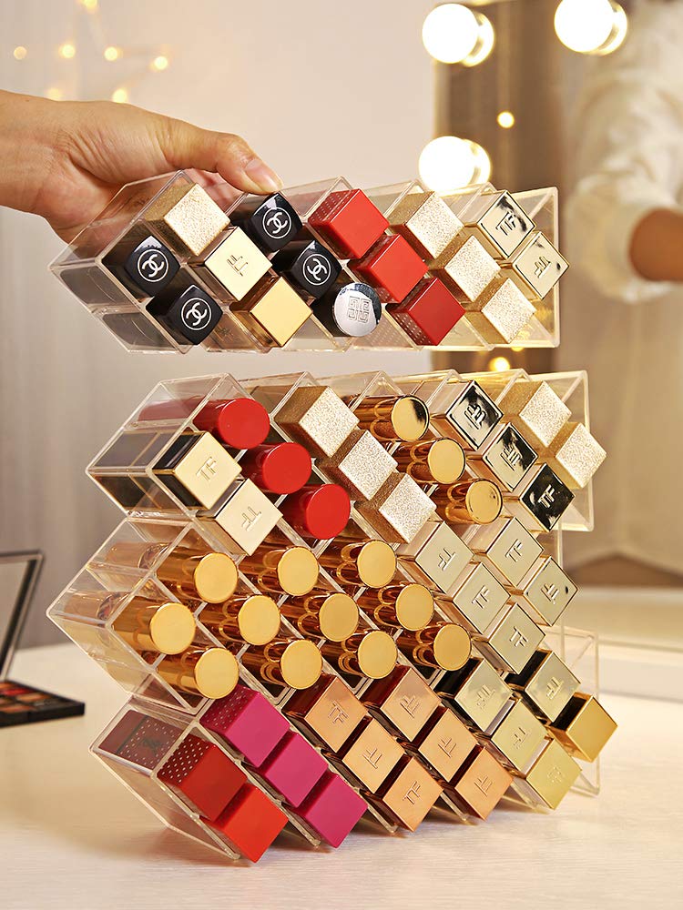 YIEZI Lipstick Holder Organizer 64 Spaces Acrylic Stackable Fish Shape Lipstick Tower, Lip Gloss Storage Stand, Perfect for Lipgloss Organizers Makeup Vanity Display, Clear (4 Pack)