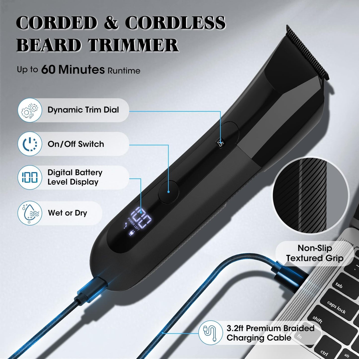 QREEYX Beard Trimmer for Men Groin & Body Hair Trimmer, Nose & Ear Clipper Head Razors for Bald Men, 5 in 1 Waterproof Manscape Kit with Travel Case, LED Display, Grooming Kit Gift for Him