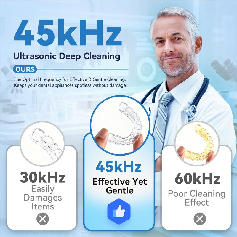 Hosoote Ultrasonic Retainer Cleaner Machine - 45kHz dental pod ultrasonic cleaner for retainers, Denture, Mouth Guard, Aligner, Braces - Denture cleaner machine with 4 Modes & Digital Timer