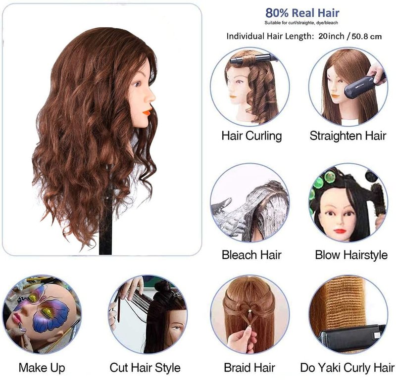 Mannequin Head with 100% Human Hair, SZCY LLC 18" Dark Brown Real Hair Cosmetology Mannequin Head Hair Styling Hairdressing Practice Training Doll Heads with Clamp Holder