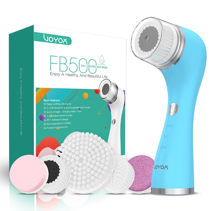 VOYOR Facial Cleansing Brush Rechargeable, Spin Face Brush Waterproof 5-in-1 Body Brush Set for Deep Skin Cleansing, Gentle Exfoliating and Massaging FB500 (White)