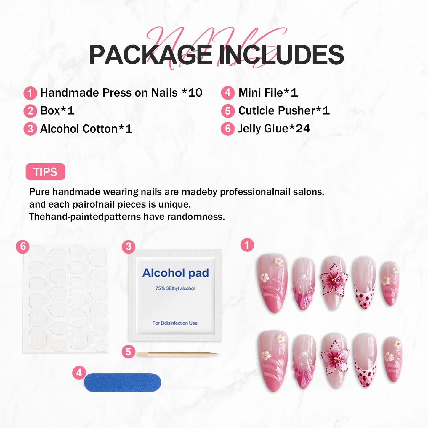 Flower Press on Nails Medium Almond Handmade 3D Water Ripple Pearl False Nails with Designs Luxury Handmade on Nails Floral Embossed French Tip Fake Nail Art Glossy Thick Acrylic Nails (Size S)