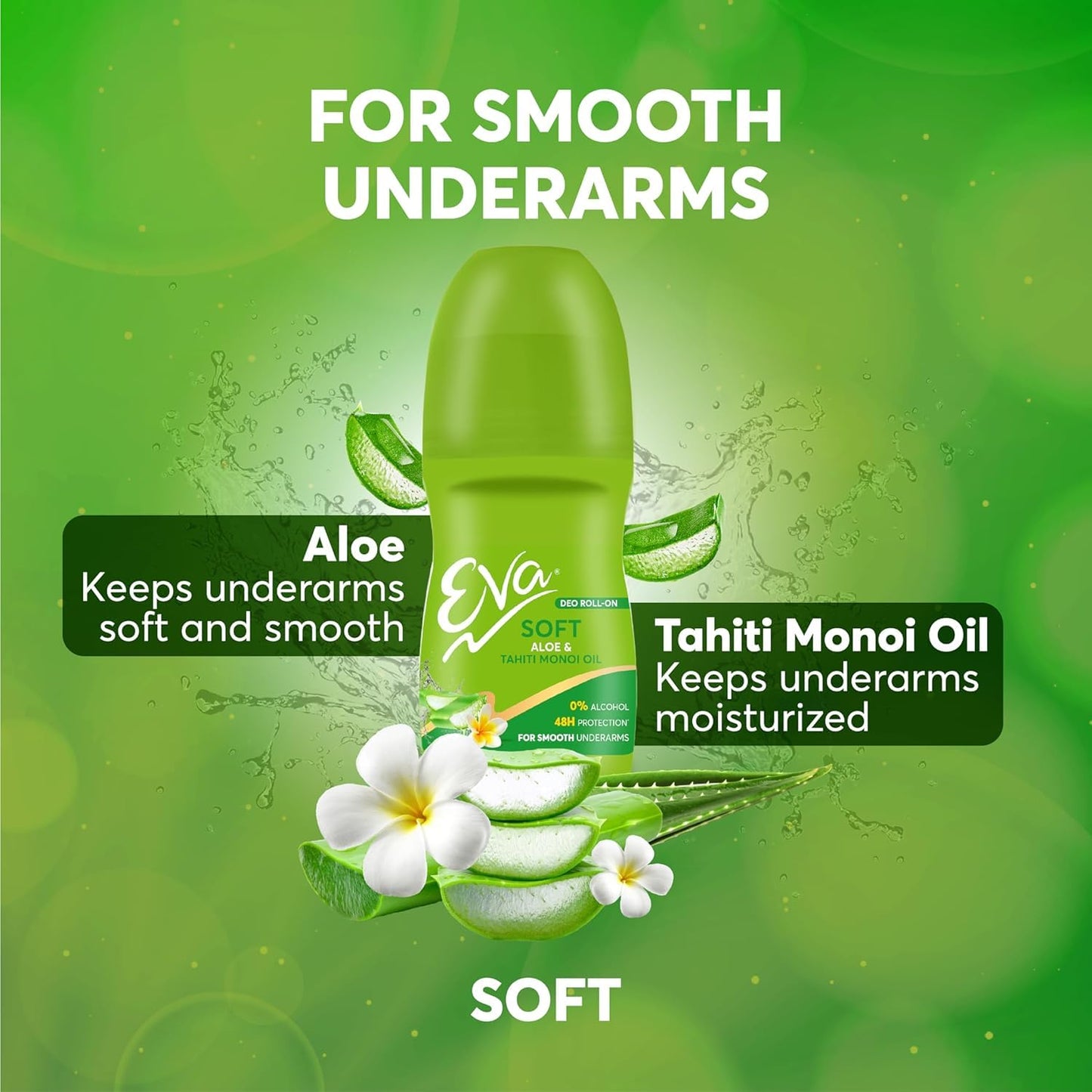 E.V.A. Roll On Deodorant with Aloe & Tahiti Monoi Oil for Women, Alcohol & Aluminum Free, Smooth Underarms, 50 ml, Pack of 2