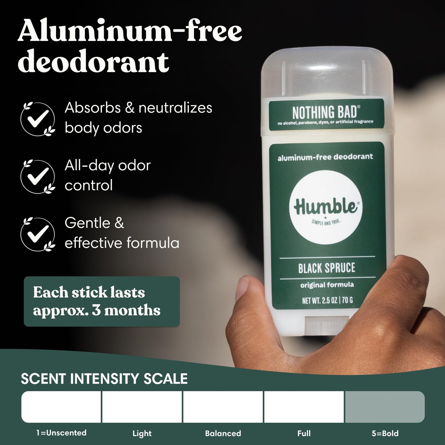 Humble Aluminum-Free Deodorant for Women & Men, Black Spruce - Clean & Fresh Natural Deodorant Stick with Essential Oils for Long-Lasting Odor Control - 3 Pack