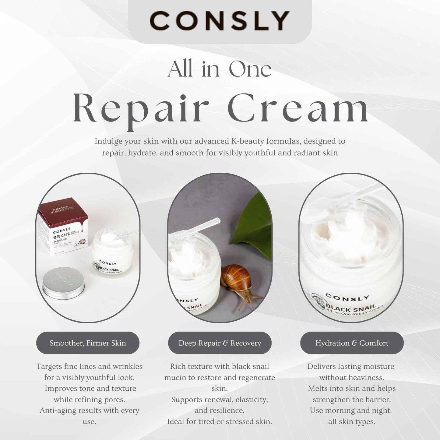 CONSLY_Black Snail All-In-One Repair Cream | Regenerating Moisturizer | Reduces Wrinkles | Improves Texture | Deeply Hydrating | For All Skin Types | 70ml