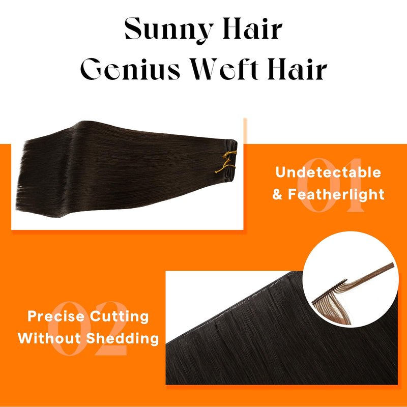Sunny Hair Genius Weft Hair Extensions Human Hair Darkest Brown Seamless Hand-Tied Bundles Sew in Brown Soft Silky for Women Short Straight for Party 14 Inch 50G