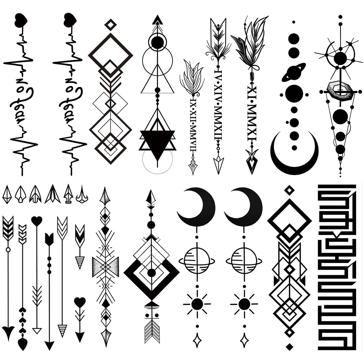 Oottati 8 Sheets Geometric Temporary Tattoos for Adults Men Women, Tribal Arrow Feather Moon Fake Tattoo Stickers, Waterproof Long Lasting Body Art for Arm Wrist