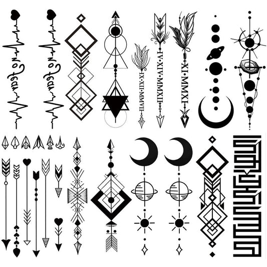 Oottati 8 Sheets Geometric Temporary Tattoos for Adults Men Women, Tribal Arrow Feather Moon Fake Tattoo Stickers, Waterproof Long Lasting Body Art for Arm Wrist