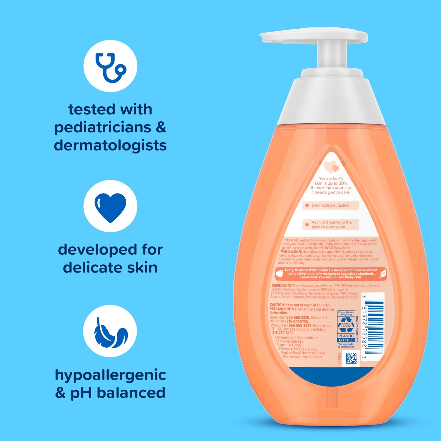 Johnson's Baby Head-To-Toe Gentle Baby Moisture Tear Free 2 in 1 Baby Wash & Shampoo, Baby Essentials, Hypoallergenic and pH Balanced, Stress Free Bathing, 13.6 Fl Oz