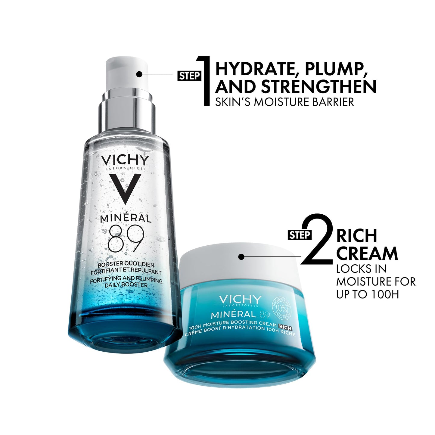 Vichy Rich Fragrance Free Hydration Duo with Mineral 89 Fortifying & Hydrating Daily Skin Booster + Vichy Mineral 89 Fragrance Free Rich Cream, Moisture Boosting Cream, For Dry, Sensitive Skin