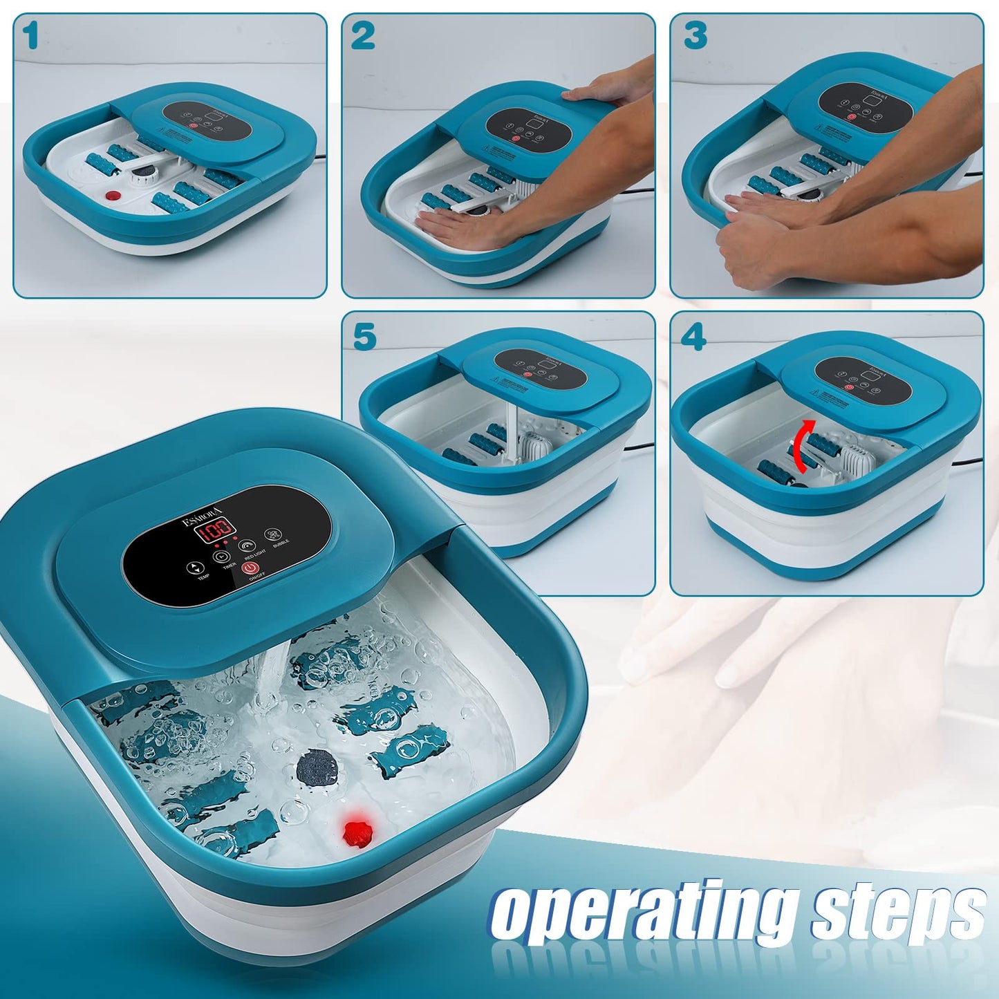 ESARORA Collapsible Foot Bath Massager with Heat, Temperature Control, Timing, Red Light & Bubble, Foot Soak Bath Basin with Massage Rollers, Acupressure Massage Points, Pumice Stone - Green