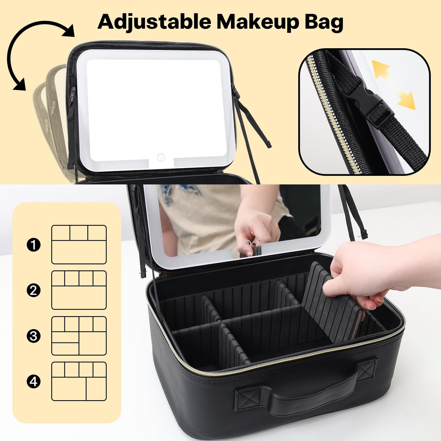 Travel Makeup Bag with LED Mirror, Large 12 Inch Cosmetic Train Case with Jewelry Organizer, 10X Magnifying Mirror, Adjustable Dividers for Cosmetics Makeup Brushes Toiletry, Includes 6 Velvet Pouches