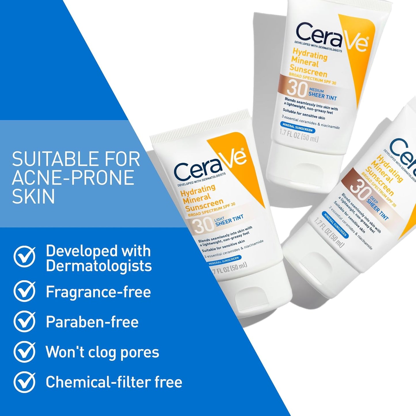 CeraVe Hydrating Mineral Sunscreen SPF 30 - Tinted Zinc Oxide Formula for Healthy Glow | Medium, 1.7 Fl Oz