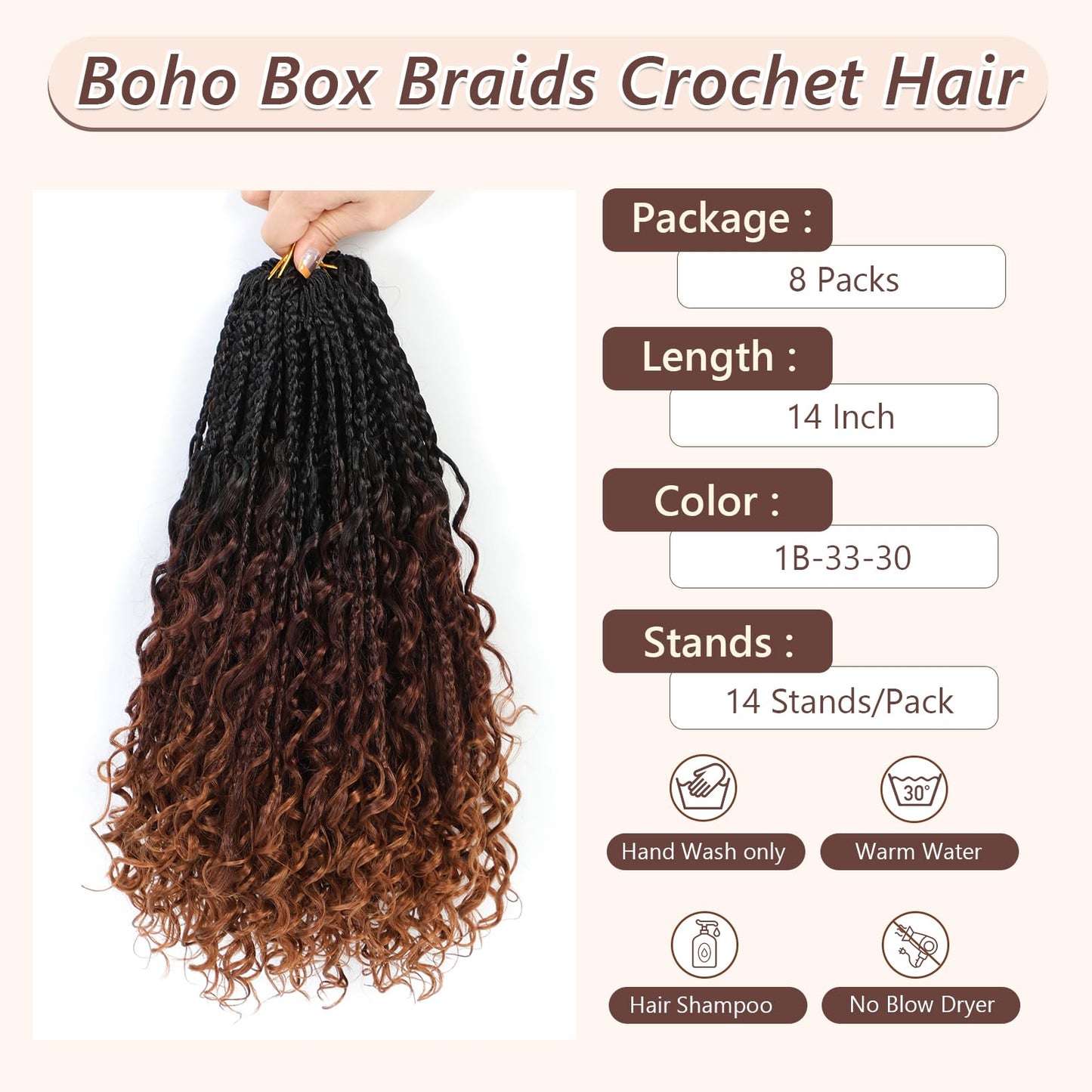 8 Packs Crochet Box Braids Hair -14 Inch Crochet Box Braids Hair Pre loopled Crochet Hair with Curly Ends Goddess Box Braids Crochet Hair Braiding Hair Crochet Braids Hair for Black Women (1B/33/30)