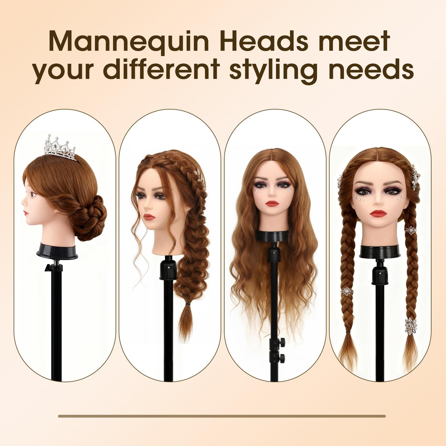 Mannequin Head with 80% Human Hair, TopDirect 24" Brown Real Hair Cosmetology Mannequin Head Hair Styling Hairdressing Practice Training Doll Heads with Clamp Holder and Tools