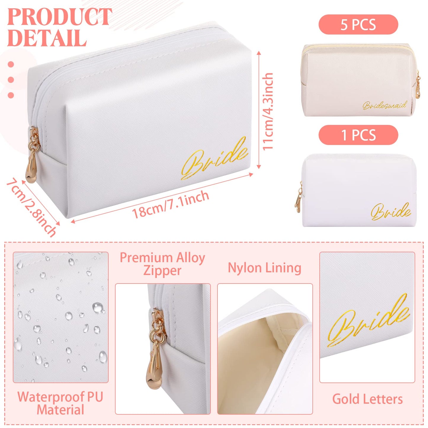 Hillban 6 Pcs PU Leather Bride Makeup Bag Cosmetic Bridesmaid Waterproof Toiletry Travel Bag Pouch Purse Gifts for Bridal Shower, Wedding, Engagement Gifts, Bachelorette Party(White, Ivory White)