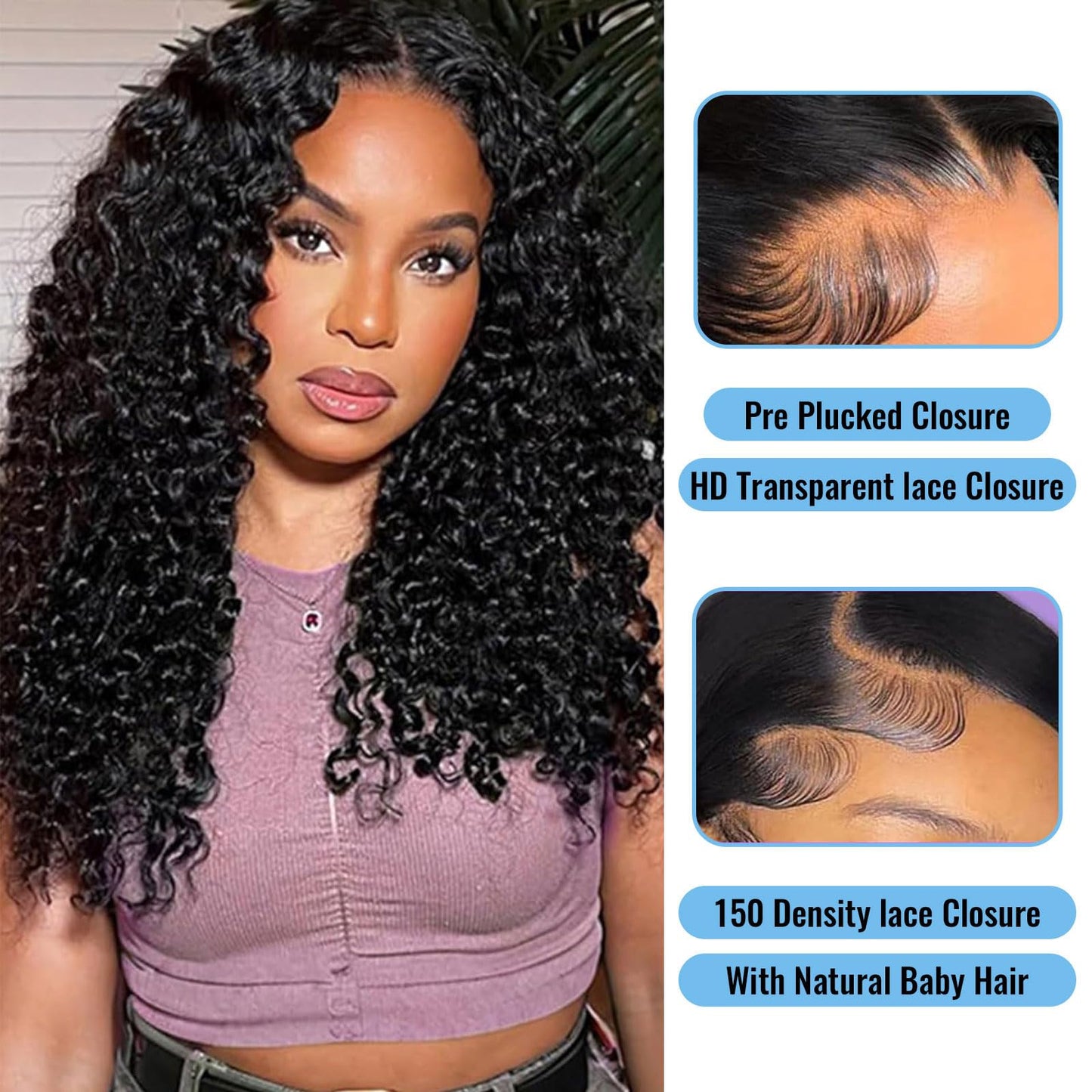 Burmese Curly 2x6 HD Lace Closure Pre Plucked Curly Closure HD Lace with Baby Hair HD Lace Closure Human Hair Free Part Natural Color Black 14 Inch