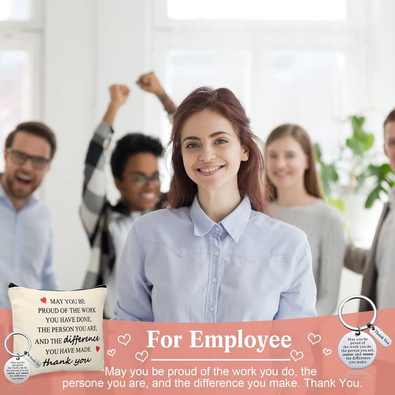 Employee Appreciation Gifts - 16 Pcs Inspirational Makeup Bags & Keychains for Nurses, Teachers, & Coworkers | Canvas Cosmetic Bags