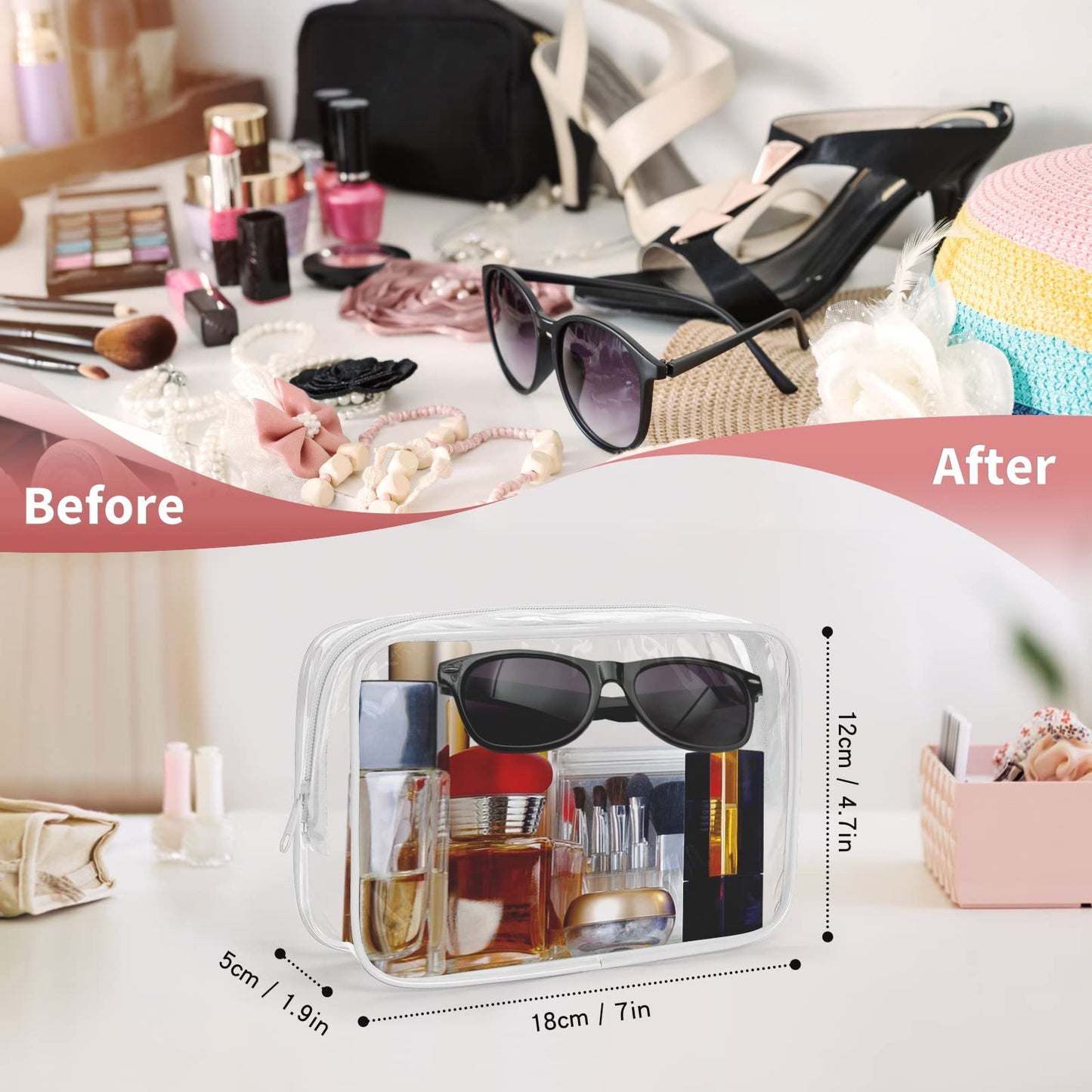 TISRATOK 24 PCS Clear Toiletry Bag for Women Men, Transparent Cosmetic Bag for Travel Makeup Organizer TSA Approved Pouch - White,Medium
