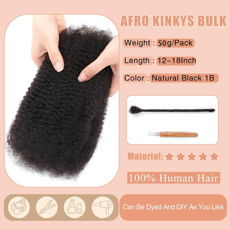 Afro Kinkys Bulk 100% Human Hair For Twist Dreadlock Extensions Afro Kinky Curly Human Braiding Hair For Repair Crochet Dreads Loc Twist Braids (#1B, 12Inch-50Gram)