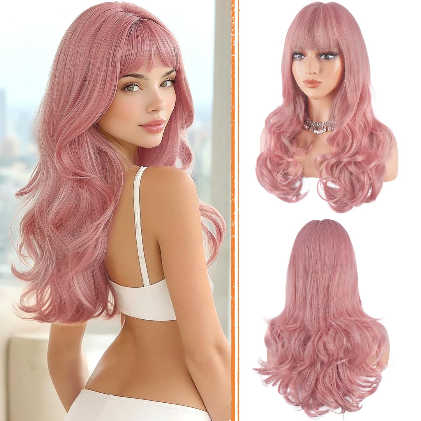 Haloo Pink Wigs with Bangs Long Wavy Layered Haircut Natural Looking Fluffy Synthetic Heat Resistant Hair Wig for Women Daily Party, 24 Inch