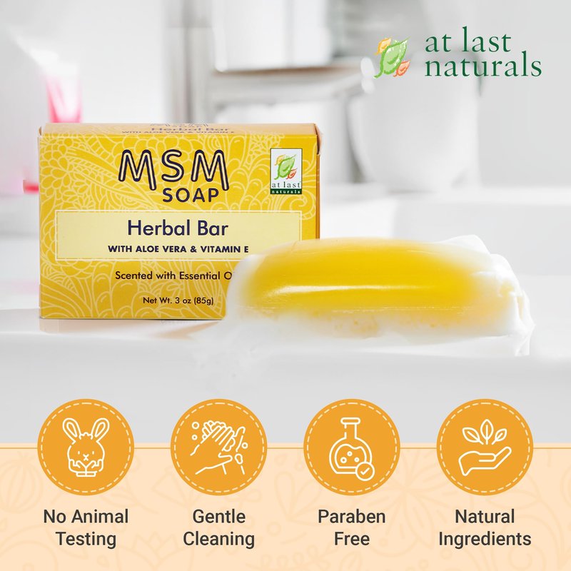 At Last Naturals MSM Soap Bar Body Soap for Men and Women Fine Line Wrinkle Reduction Herbal Moisturizer with Aloe Vera Vitamin E Essential Oils Deep Cleansing for Sensitive Skin 3 Ounce (Pack of 3)