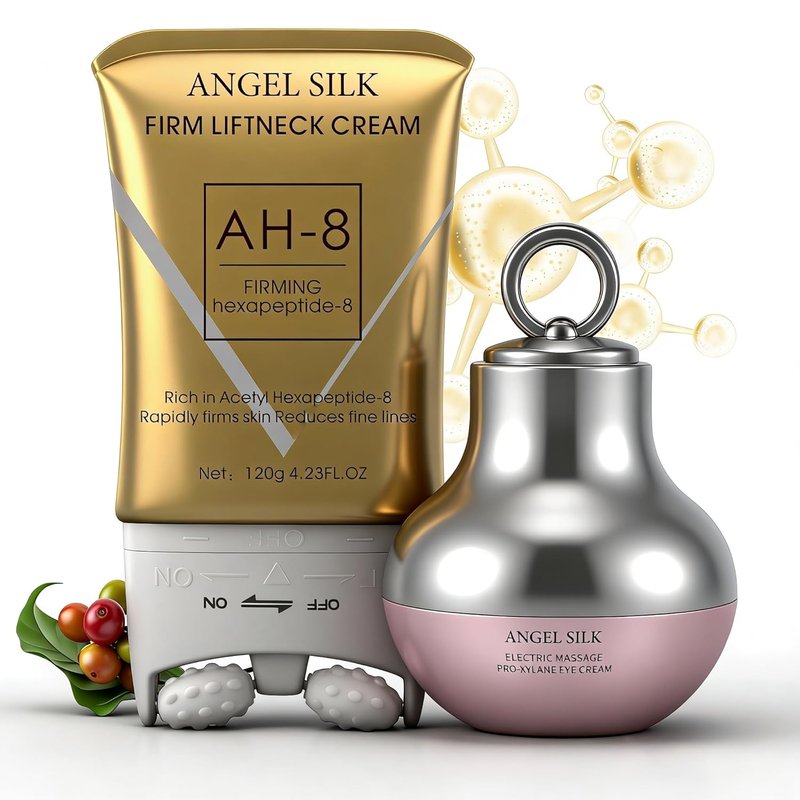 Angel Silk Firming Neck-Eye Cream Bundle - Tightening & Revitalizing Set with Electric Massage & Red Light for Anti-Wrinkle Care